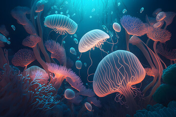 Fototapeta na wymiar Glowing sea jellyfishes on underwater environtment Background