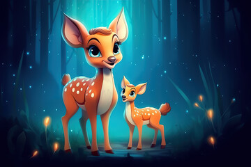 cute adorable baby deer with mother deer by night in forest rendered in the style of fantasy cartoon animation style intended for children created by AI