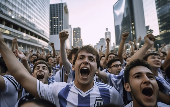 A group of Argentine fans, wearing the  blue and white jerseys of their national team, exultantly celebrate their victory in a square - ai generative