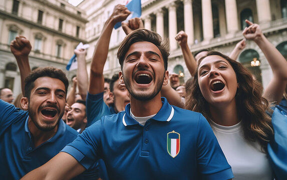 A group of Italian fans, wearing the blue shirt of their national team, exultantly celebrate their victory in a square - ai generative