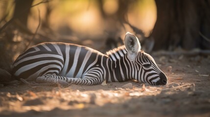 Fototapeta na wymiar a zebra laying down in the dirt near a tree trunk. generative ai