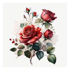 Watercolor beautiful red roses on white background. Image stylized as a watercolor illustration created with Generative AI
