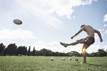 Rugby, man and knee pain, injury on field with fitness and training for game, kicking ball and overlay. Male athlete with sports accident, health emergency and skeleton with inflammation and exercise
