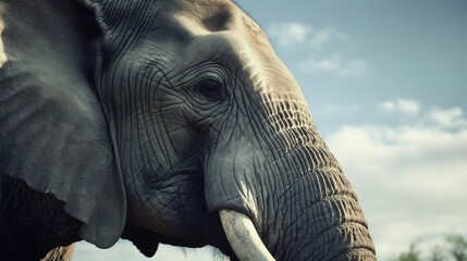 Fototapeta na wymiar a close up of an elephant's face with a sky background. generative ai