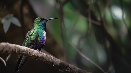 Fototapeta na wymiar a colorful bird perched on a branch in a forest area. generative ai