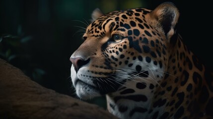 Fototapeta na wymiar a close up of a leopard on a tree branch in the dark. generative ai