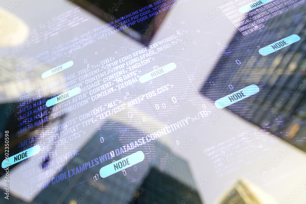 Poster double exposure of abstract programming language hologram and world map on modern skyscrapers backgr