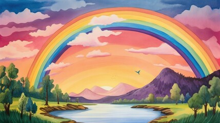 Obraz na płótnie Canvas a painting of a rainbow over a lake and mountains with a bird flying in the sky. generative ai