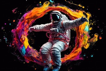 Astronaut in space suit and helmet on black background with colorful splashes. Created with Generative AI tools