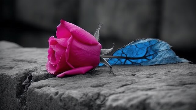  A Pink Rose Sitting On Top Of A Stone Wall Next To A Blue Flower.  Generative Ai