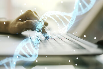 Creative light DNA illustration and hands typing on computer keyboard on background, science and...