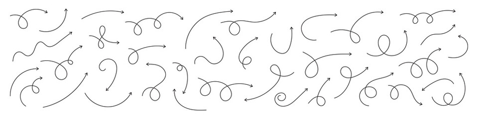 Curved arrows. Set of vector hand drawn arrows. Collection of pointers.