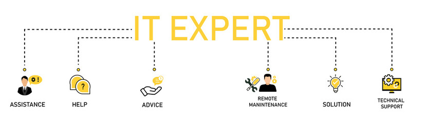 Banner IT EXPERT BANNER, information technology, advice, technical support, service vector illustration concept with an icon of assistance help, advice, remoter, solution, maintenance, tech support