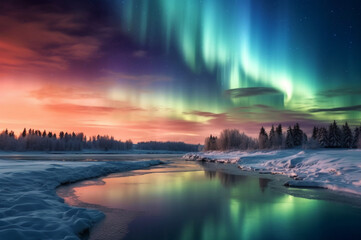 Northern Lights over Snowy Landscape with River, Generative AI