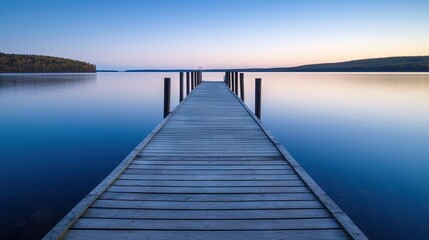 Fototapeta na wymiar a long dock extending into a body of water at sunset. generative ai