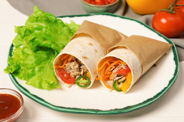 Delicious tortilla wraps with tuna on white wooden table
