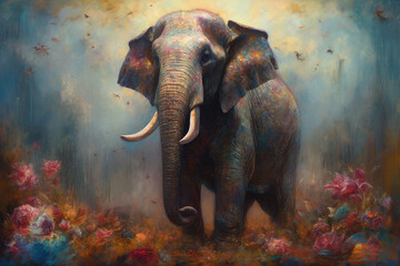 ein Elefant mit Farbklexe am Körper inmitten von Blumen