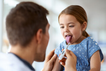 Kid, doctor and thermometer in mouth for fever, medical risk and assessment of covid infection. Pediatrician, sick girl and temperature test of children, flu virus and healthcare consulting in clinic