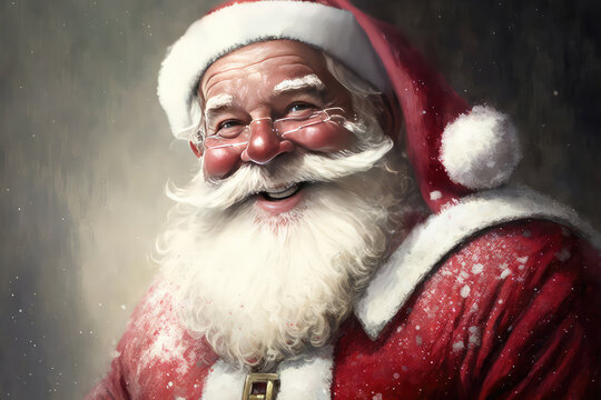 portrait smile santa claus, Christmas illustration digital painting, oil on canvas texture (ai generated)