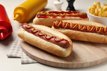 Fresh delicious hot dogs with sauces on white wooden table