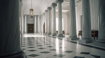  a large room with columns and a clock on the wall.  generative ai