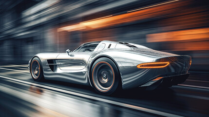 Fototapeta na wymiar a silver sports car driving down a city street at night. generative ai