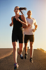 Sunrise, marathon and friends running as workout or morning exercise for health and wellness...