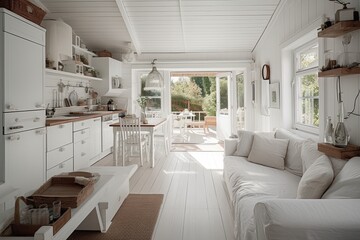 Fototapeta na wymiar bright white stylish cottage interior with large windows and green plants. Generative AI.
