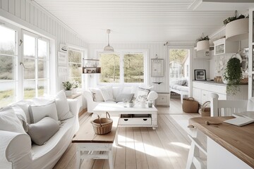 bright white stylish cottage interior with large windows and green plants. Generative AI.