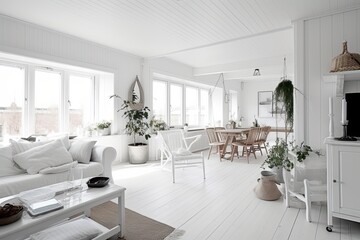 Fototapeta na wymiar bright white stylish cottage interior. Spacious interior with large windows and green plants. Generative AI.