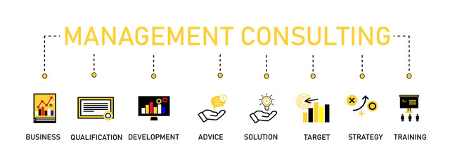 MANAGEMENT CONSULTING banner web icon vector illustration concept with an icon of business, qualification, development, advice, solution, target, strategy, or training on white background