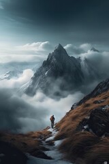 landscape with snowy mountains and cloudy sky. vertical view of a small man compared to the big mountains.Generative AI