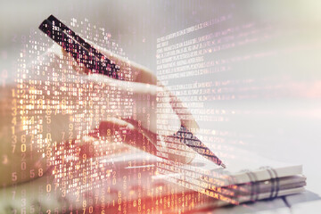 Creative concept of code skull illustration and woman hand writing in notebook on background. Hacking and phishing concept. Multiexposure