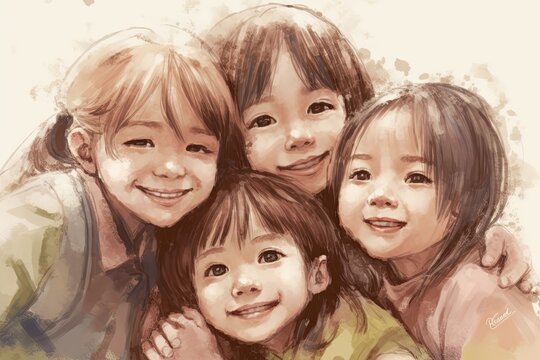 group of happy children. Illustration in watercolor painting style. Generative AI.