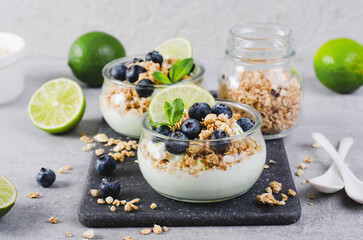 Crunchy Granola with Yogurt, Lime and Blueberries, Dessert Parfait, Healthy Snack or Breakfast on Bright Background