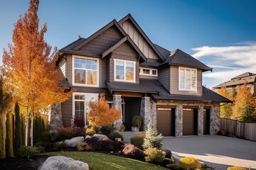 Luxury house with  car garage and beautiful garden in sunny day. Generative AI.