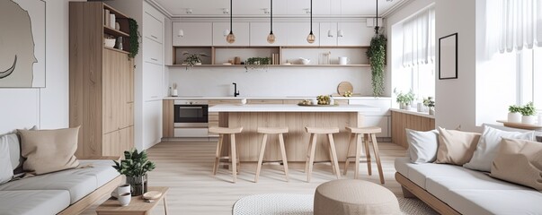 Modern house interior of_living room and a kitchen in in a bright natural style. Panoramic illustration Generative AI.