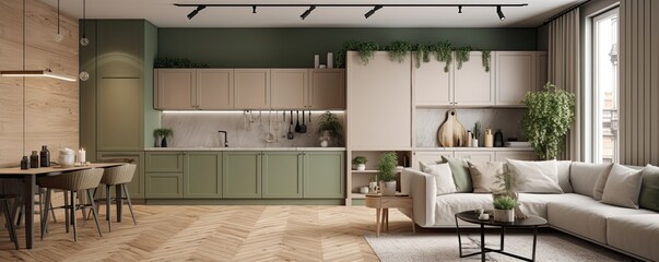 Modern house interior of_living room and a kitchen in in a bright natural style. Panoramic illustration Generative AI.