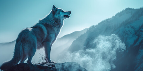 A wolf standing on top of a rock next to a mountain. Generative AI.