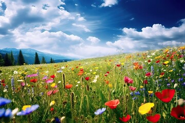 Beautiful spring landscape with colorful wildflowers in a green meadow on a blue day, generative AI