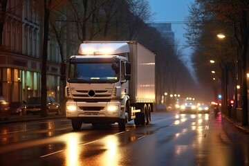 Obraz premium Delivery truck speeding on an urban environment, generative AI