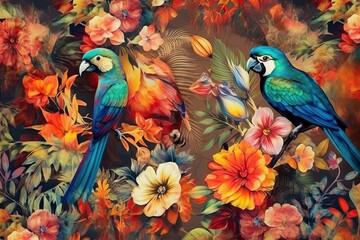 Exotic tropical aesthetic pattern with macaws and flowers in bright colors and lush vegetation, generative AI