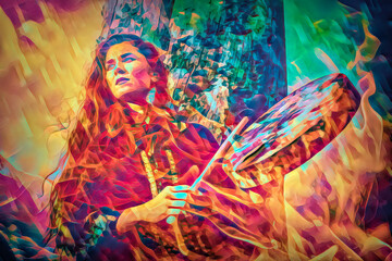 Fototapeta na wymiar beautiful shamanic girl playing on shaman frame drum in the nature. Fire background.