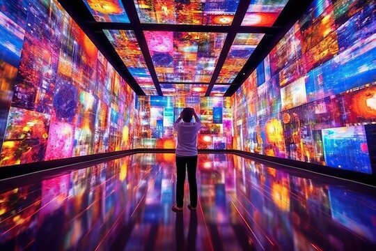 a person watching a video wall with multimedia images on different television screens, generative ai
