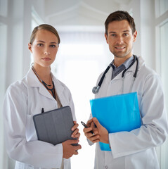 Portrait of doctors, teamwork and hospital for healthcare management, clinic services and...
