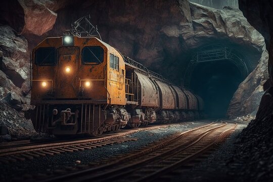 illustration, an underground railway for transportation in the mine, ai generative