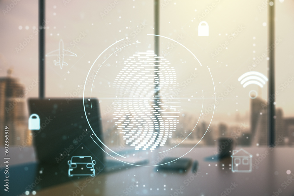 Poster abstract creative fingerprint illustration and modern desktop with pc on background, personal biomet
