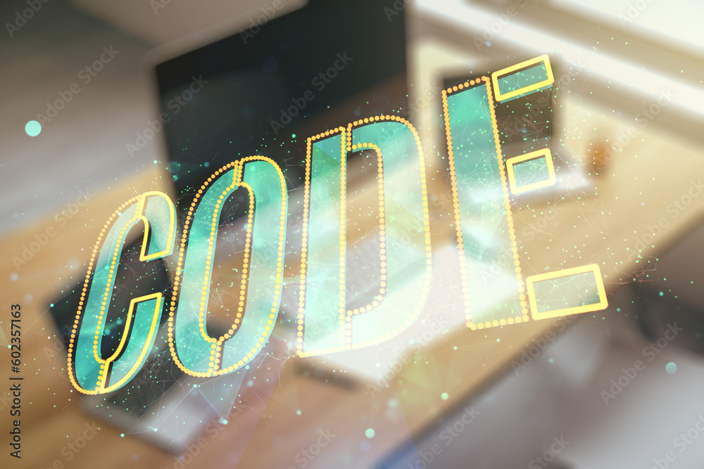 Aufkleber creative code word hologram and modern desktop with laptop on background, artificial intelligence an