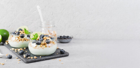 Crunchy Granola with Yogurt, Lime and Blueberries, Dessert Parfait, Healthy Snack or Breakfast on...