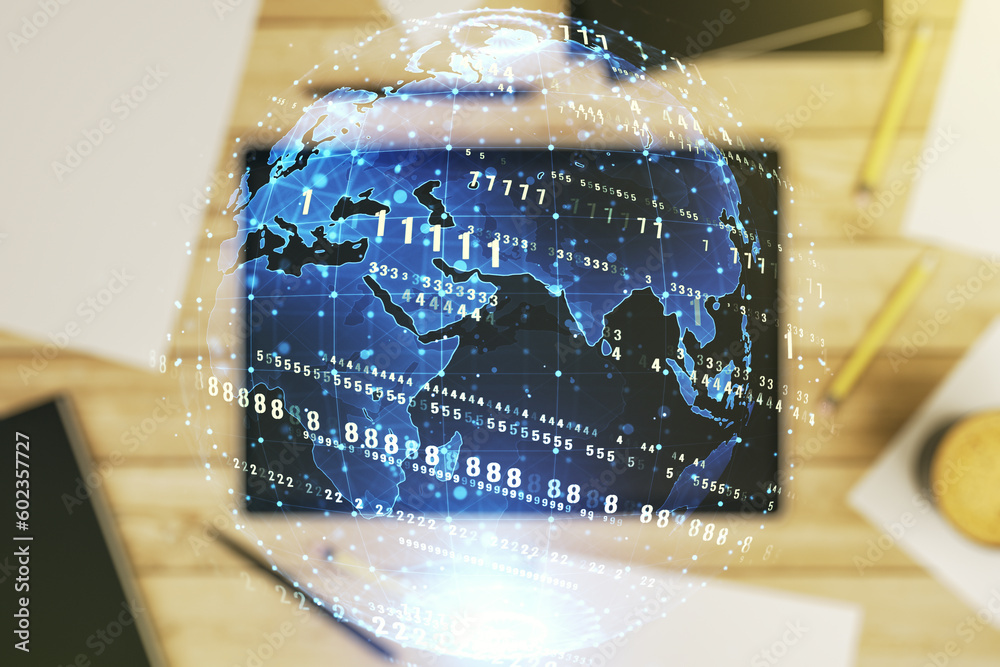 Poster multi exposure of abstract programming language hologram with world map and modern digital tablet on